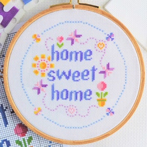 PATTERN Home Sweet Home Cross Stitch Chart Easy Pretty Home Decor Moder Design for 6-inch Hoop Bright Colours Home Sweet with Butterflies image 1