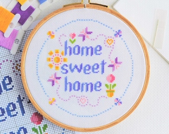 PATTERN Home Sweet Home Cross Stitch Chart - Easy Pretty Home Decor Moder Design for 6-inch Hoop Bright Colours Home Sweet with Butterflies