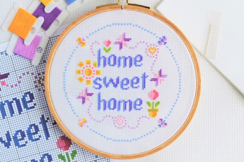 PATTERN Home Sweet Home Cross Stitch Chart Easy Pretty Home Decor Moder Design for 6-inch Hoop Bright Colours Home Sweet with Butterflies image 1