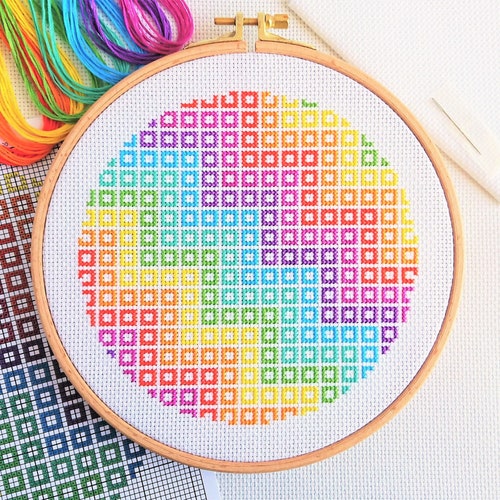 KIT Geometric Wave Cross Stitch Kit - Optional Hoop - Colourful and Bright Modern Geometric Easy Design on 14 count with DMC Threads