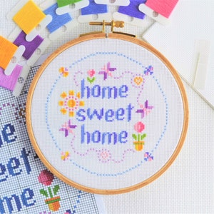 PATTERN Home Sweet Home Cross Stitch Chart Easy Pretty Home Decor Moder Design for 6-inch Hoop Bright Colours Home Sweet with Butterflies image 2
