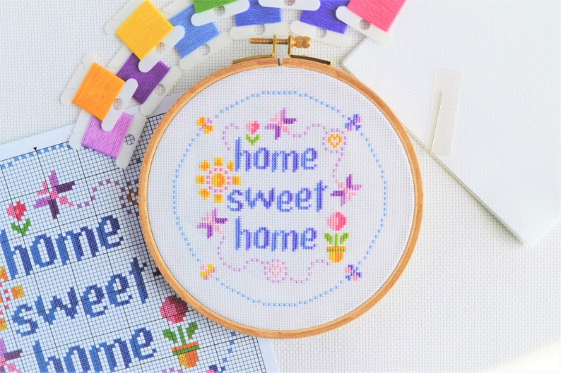 PATTERN Home Sweet Home Cross Stitch Chart Easy Pretty Home Decor Moder Design for 6-inch Hoop Bright Colours Home Sweet with Butterflies image 2