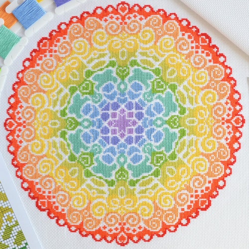 PATTERN Spectrum Mandala Cross Stitch Chart - Colourful Modern Rainbow Cross Stitch 16-count Larger Size Circular Project DMC Floss Colours