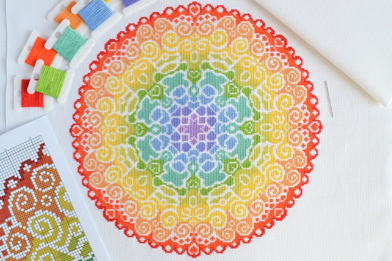 PATTERN Spectrum Mandala Cross Stitch Chart  Colourful Modern image 1