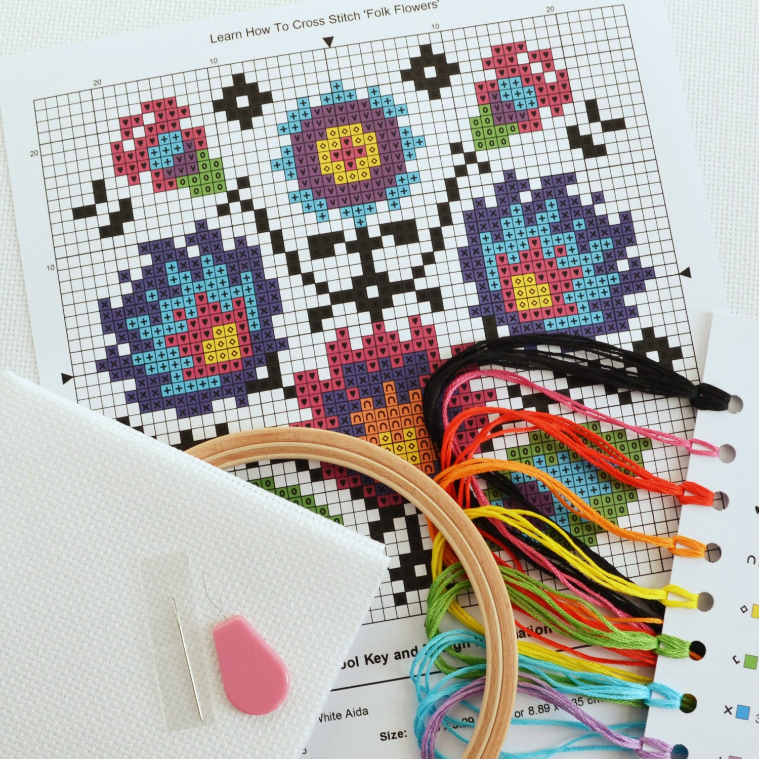 Cross Stitch for Beginners Folk Flowers Learn How to Cross Stitch Kit With  5-inch Hoop, Tutorial Booklet and DMC Thread Learn a Craft 