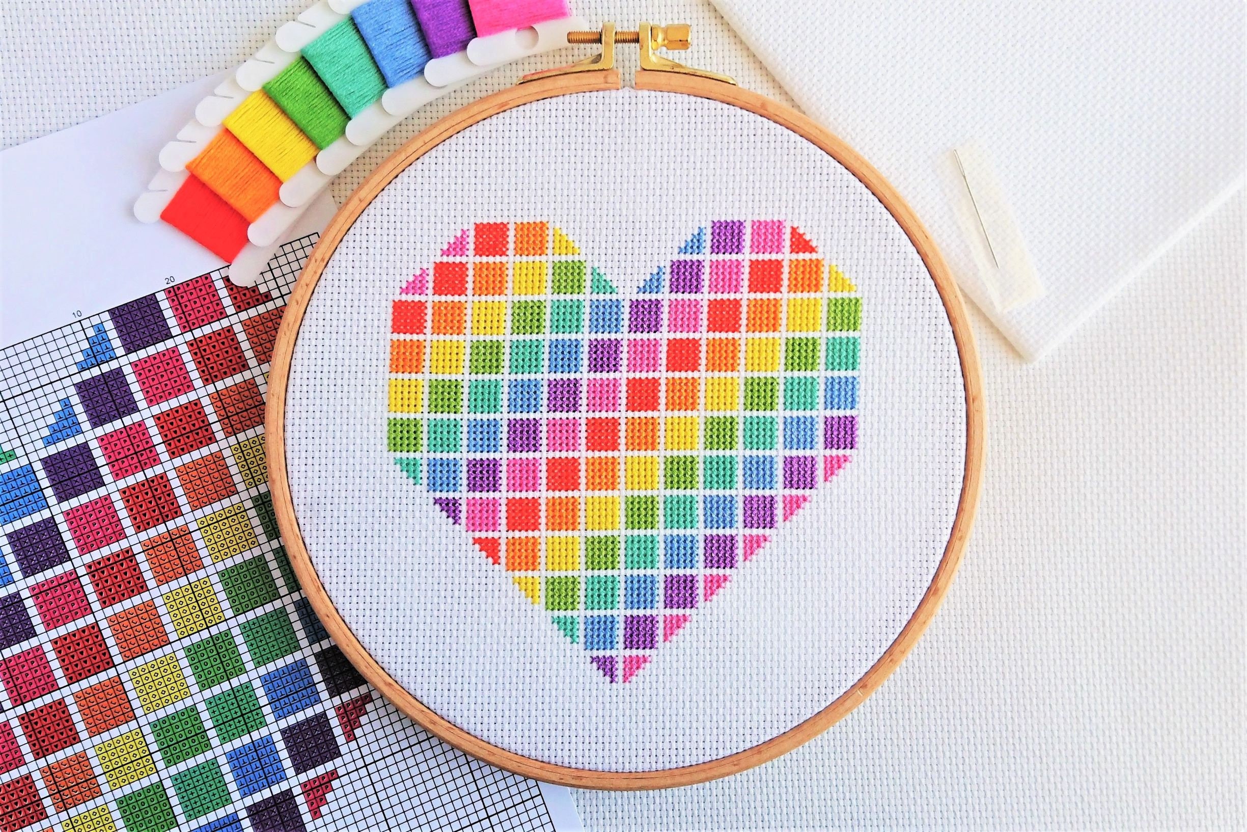 PATTERN Rainbow Heart Cross Stitch Chart - Easy Geometric Style Bold and Bright Colourful Modern Heart Pattern for 14 Count Instant Download