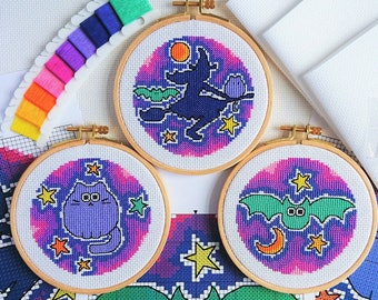 PATTERN Halloween Trio 1 Set of 3 Designs Witch, Bat and Cat - Fun Spooky Bright Cute Fall Easy Modern with Backstitch for 5-inch Hoops