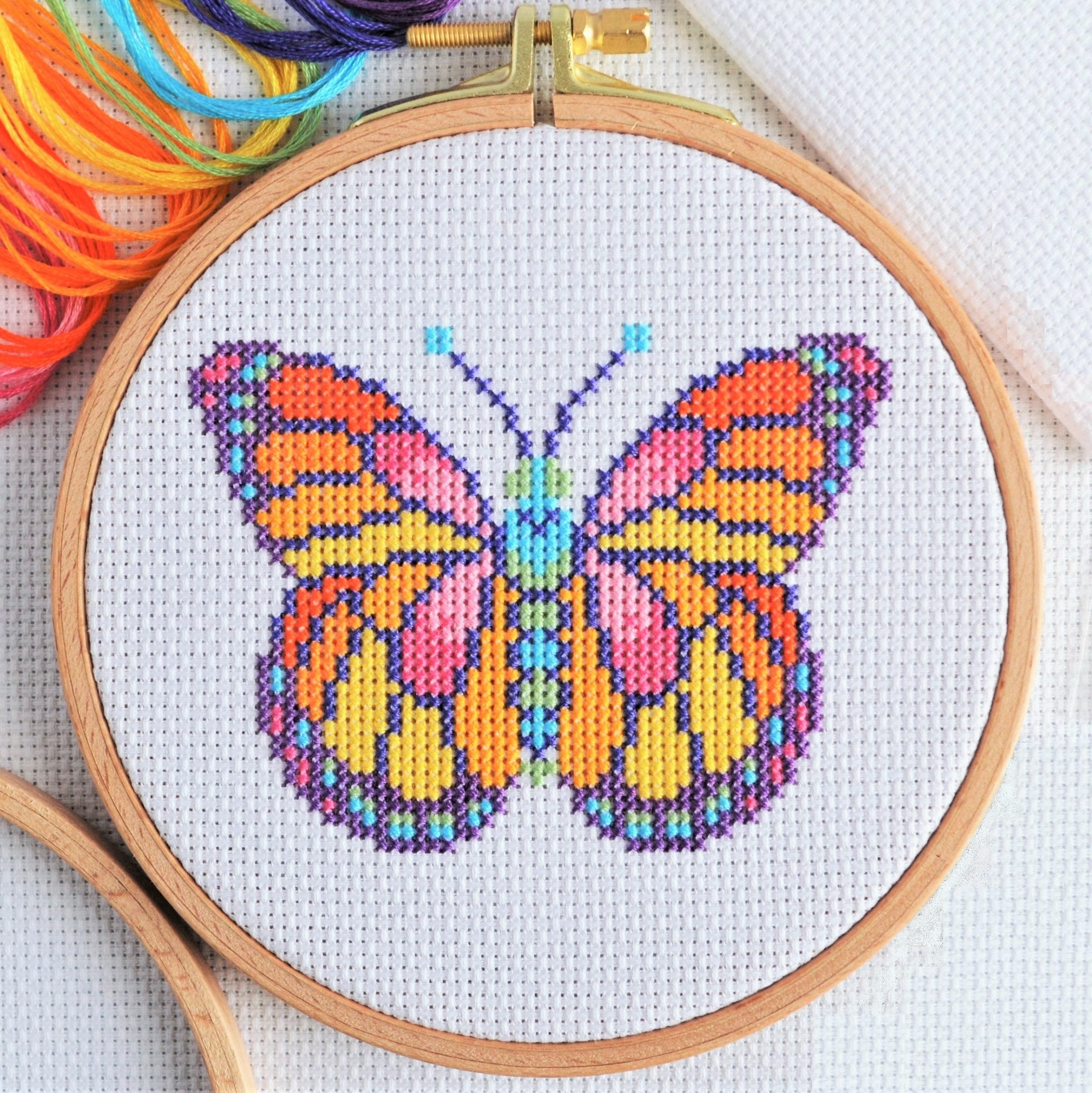 PATTERN Quick Stitch Butterfly Cross Stitch Chart Easy Pretty Small Insect  Modern Design Happy Colours Fits 5-inch Hoop on 14 Count 