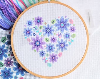 KIT Mini Floral Heart Sampler Cross Stitch Kit- Best-Quality Craft for Adults - Optional 7.5-inch Hoop - 14 count Zweigart Aida & DMC Thread