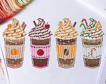 PATTERN Fancy Frappes Cross Stitch Chart - Modern Design for 16 Count - Bright DMC Colours - Fun Cute Easy Coffees Pumpkin Spice Gingerbread