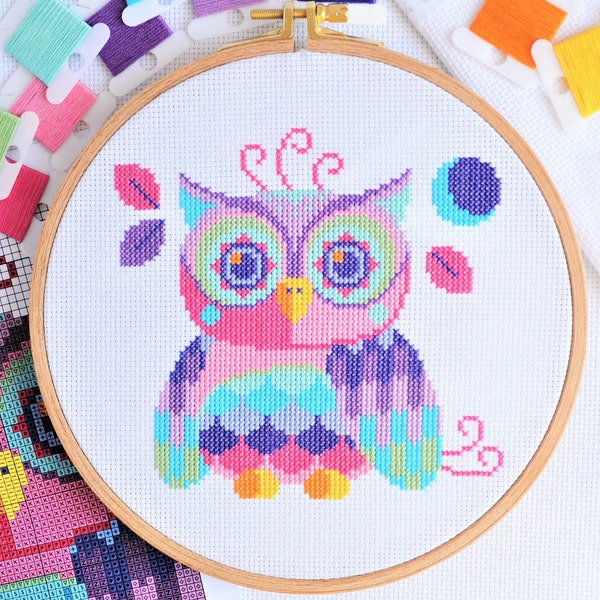 PATTERN Florence the Owl Cross Stitch Chart - Easy Colourful Folk Inspired Cute Owl Design - 11 DMC Shades - Calming Craft Idea PDF Download