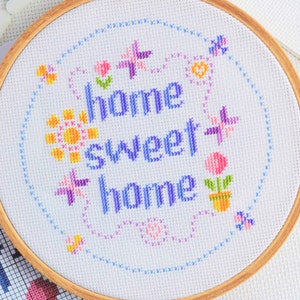 PATTERN Home Sweet Home Cross Stitch Chart Easy Pretty Home Decor Moder Design for 6-inch Hoop Bright Colours Home Sweet with Butterflies image 8