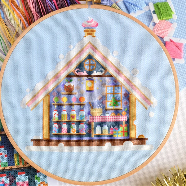 PATTERN Gingerbread House Cross Stitch Chart - Fun Modern Christmas Sweets Festive Cut-Through Mindfulness Crafting DMC Key for 10-inch hoop