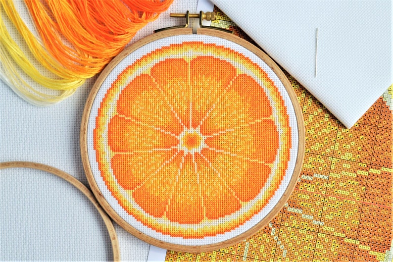 KIT Orange Half Cross Stitch Kit Best Quality Modern Craft for Adults with 6-inch Beechwood Hoop, 16 count Zweigart Aida and DMC Threads image 1