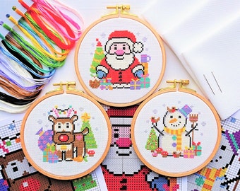 PATTERN Christmas Trio Set of 3 Cross Stitch Charts for Santa, Reindeer and Snowman - Easy Fun Festive Modern Designs to fit 5-inch Hoops