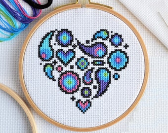 PATTERN - Quick Stitch Paisley Heart Cross Stitch Chart - Modern Small Sized Easy Pattern for 5-inch Hoop - Bright Purple Blue DMC Palette