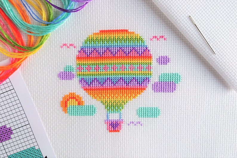 KIT Rainbow Balloon Cross Stitch Kit Best Quality Easy Modern Craft Kit for Adults Optional 6-inch Hoop Zweigart Fabric & DMC Threads image 8