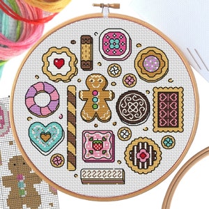 KIT Cookies Sampler Cross Stitch Kit - Best Quality Modern Craft for Adults - Optional 8-inch Hoop - 14 count Zweigart Aida & DMC Threads