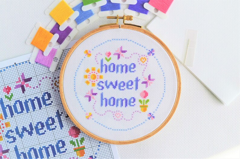 PATTERN Home Sweet Home Cross Stitch Chart Easy Pretty Home Decor Moder Design for 6-inch Hoop Bright Colours Home Sweet with Butterflies image 9