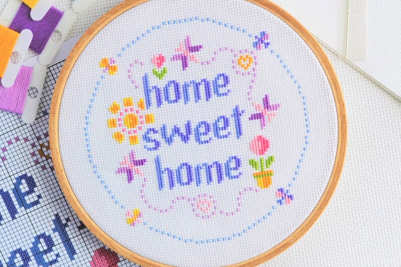 PATTERN Home Sweet Home Cross Stitch Chart Easy Pretty Home Decor Moder Design for 6-inch Hoop Bright Colours Home Sweet with Butterflies image 4