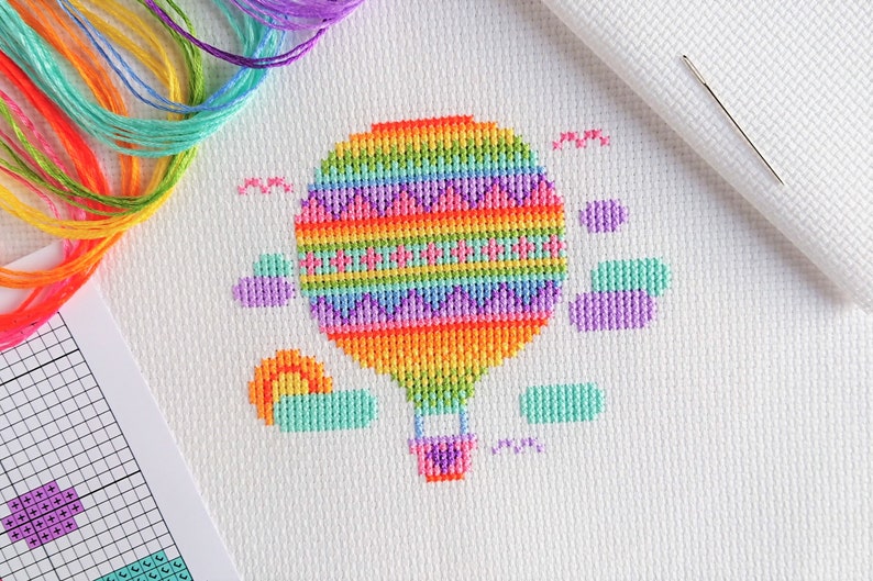 KIT Rainbow Balloon Cross Stitch Kit Best Quality Easy Modern Craft Kit for Adults Optional 6-inch Hoop Zweigart Fabric & DMC Threads image 5