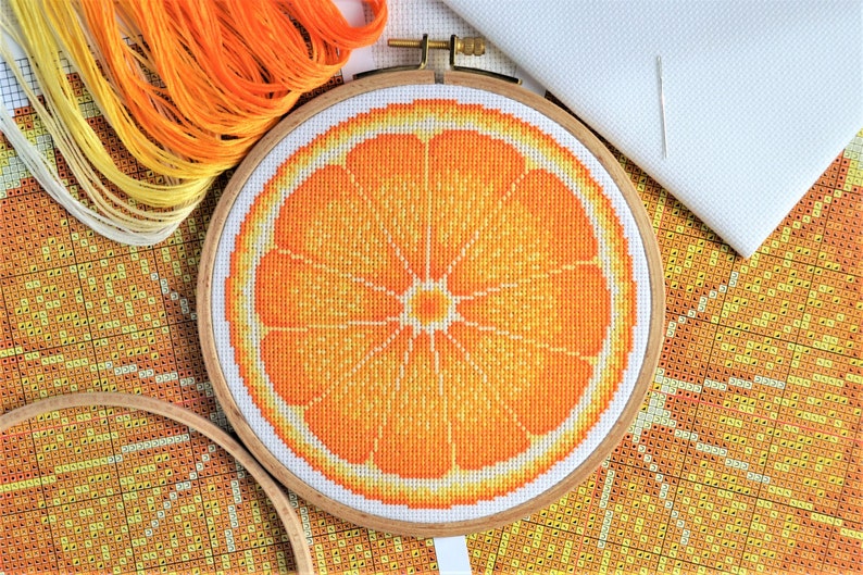 KIT Orange Half Cross Stitch Kit Best Quality Modern Craft for Adults with 6-inch Beechwood Hoop, 16 count Zweigart Aida and DMC Threads image 2