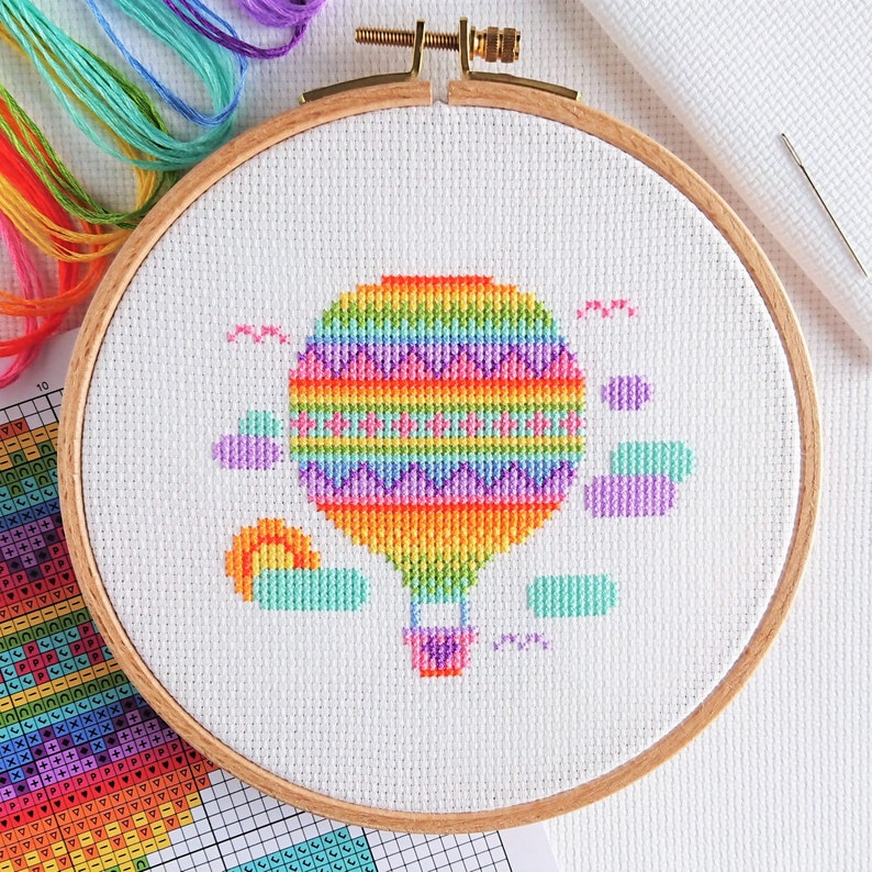 KIT Rainbow Balloon Cross Stitch Kit Best Quality Easy Modern Craft Kit for Adults Optional 6-inch Hoop Zweigart Fabric & DMC Threads image 4