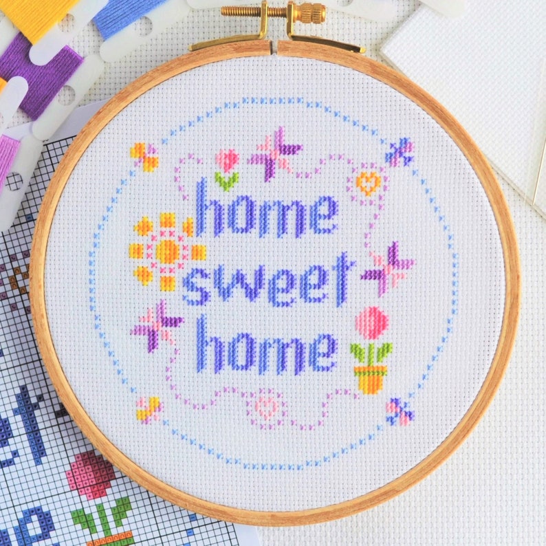 PATTERN Home Sweet Home Cross Stitch Chart Easy Pretty Home Decor Moder Design for 6-inch Hoop Bright Colours Home Sweet with Butterflies image 3