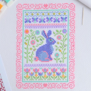 PATTERN Spring Cross Stitch Chart - Fresh Spring Colours - Seasonal Folk Style with Bunny Smaller Sized Easy Project to Download