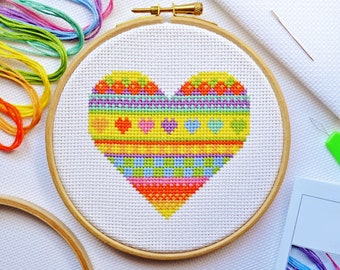 Cross Stitch Kit For Beginners Heart - Best Quality Learn How to Cross Stitch Kit with DMC Thread, 14 count Zweigart Aida and 5-inch Hoop