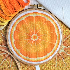 KIT Orange Half Cross Stitch Kit Best Quality Modern Craft for Adults with 6-inch Beechwood Hoop, 16 count Zweigart Aida and DMC Threads image 7