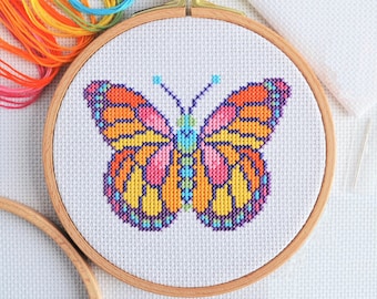 PATTERN - Quick Stitch Butterfly Cross Stitch Chart - Easy Pretty Small Insect Modern Design Happy Colours Fits 5-inch Hoop on 14 count