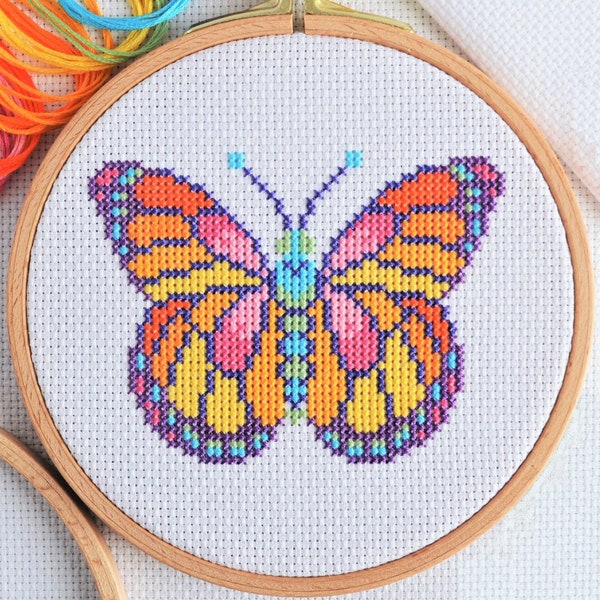 PATTERN - Quick Stitch Butterfly Cross Stitch Chart - Easy Pretty Small Insect Modern Design Happy Colours Fits 5-inch Hoop on 14 count