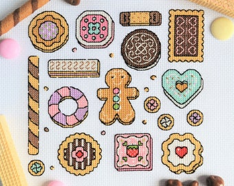 PATTERN Cookies Sampler Cross Stitch Chart - Fun Biscuit Selection Teatime Treats Original Cross Stitch Pattern for 14 count with Backstitch