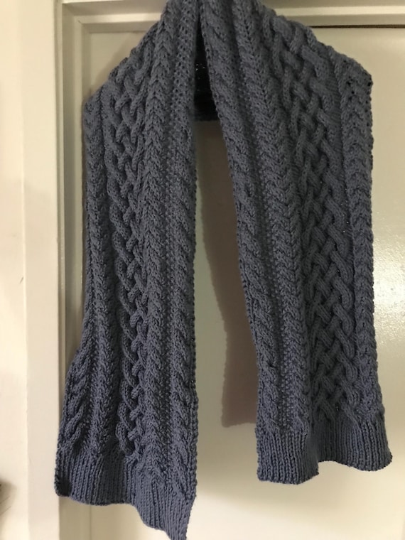 Blue gray cable knitted scarf