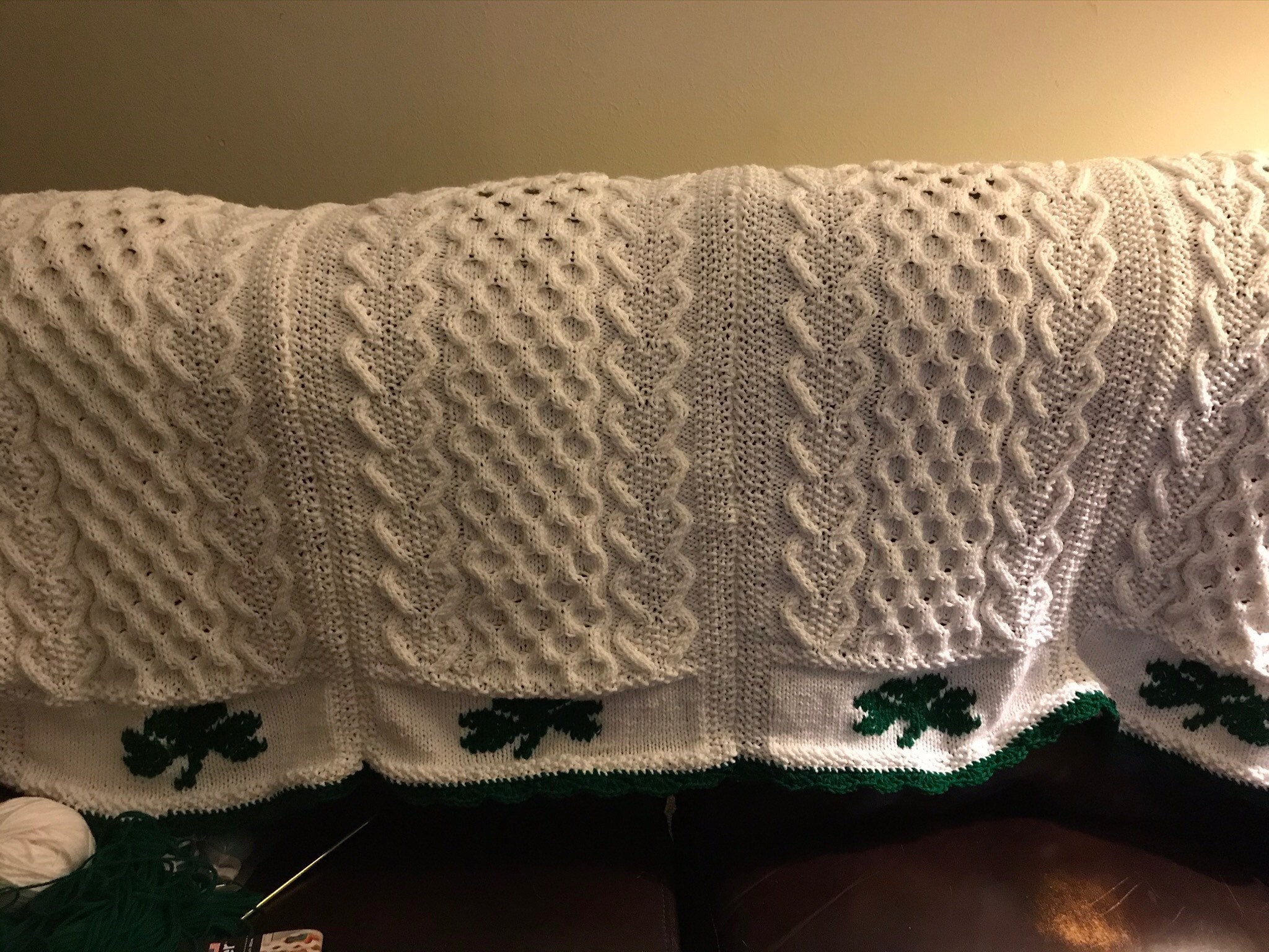 Hearts and Shamrocks cable knitted afghan