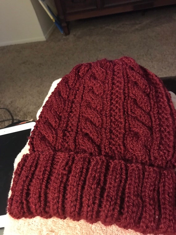 Burgundy knitted cable hat