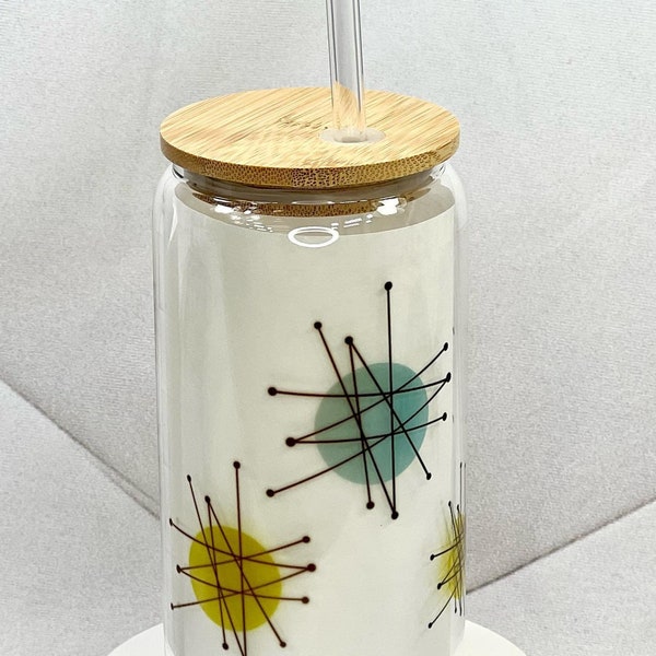 Vintage Inspired Atomic Starburst - MCM - Mid Century Modern Style Drinking Glass Hand Printed