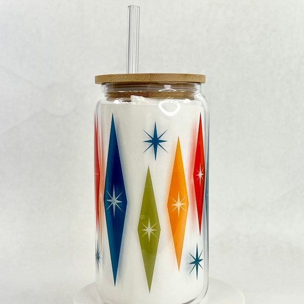 1950s Starburst Coffee Cup - Mid-Century Modern Starburst Coffee Cup - Mid-Century Modern Starburst Cup - Glass Cup with Lid and Straw