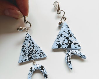 Blue Shaped Splatter Black and White Earrings | Can Be Made For Pierced Ears!