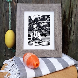 Wild Swimming Linocut Print 'Rock Pool' by Jilpi Art, Monotone Cornwall Seaside Print. FREE UK POSTAGE.