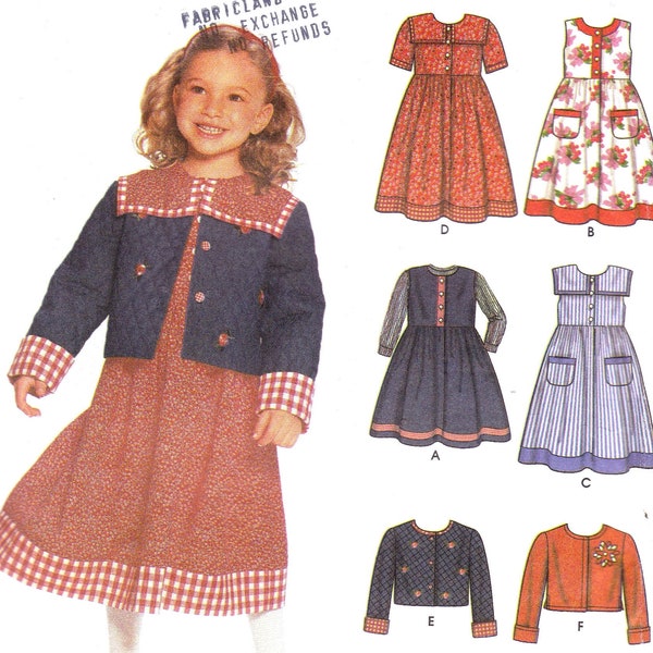 Girls Size 3 to 8, Dress or Jumper in 2 Lengths and Long Sleeve Cropped Jacket, Sleeveless, Long or  Short Sleeve Dress, Simplicity 9846