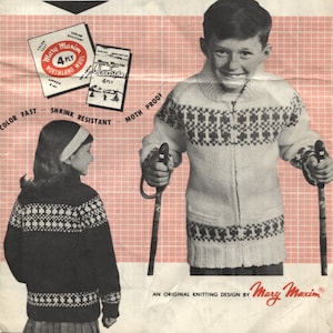 SnowRena boys and Girls Cowichan Style or Pullover Knitting Pattern, Mary Maxim 500, Skiing Shawl Collar Sweater Pattern