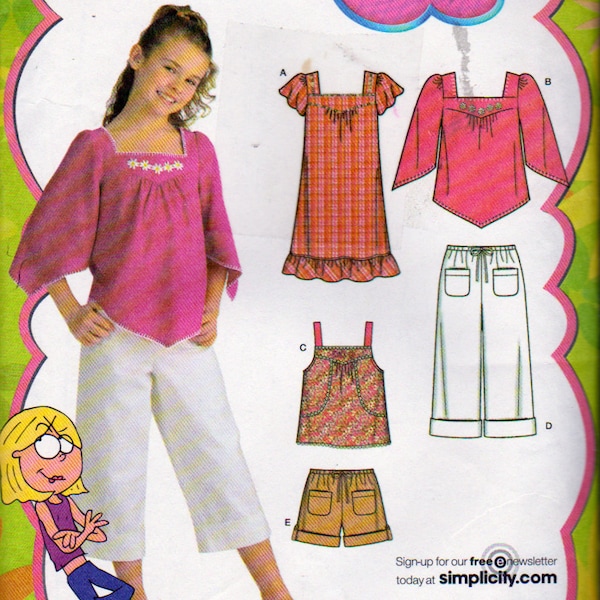 Girl's Flutter Sleeve Tops , Ruffled  V Hem Tunic,  Cropped Capri's  or Roll Up Cuff Shorts  Girl Size 8 to 16, Simplicity 4162, Uncut