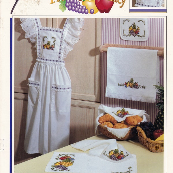 Fruitful Bounty  Cross Stitch Charts, For Bib Apron, Towels, Bread Clothes, Placemats, Potholder, Pineapples, Grapes, Apples, Leaf Border