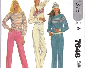 Vintage 1981, Jogging Suits and Hat Pattern, Pullover Tops with Raglan Sleeves, Insert Options, Pants with Elastic Hem Option, McCalls 7648