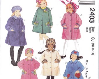 McCalls 2403, Girl's Polar Fleece Coats, Coats with Collars or Hoods, Patch Pockets, and Hat Pattern, Sizes 10, 12, 14, Uncut