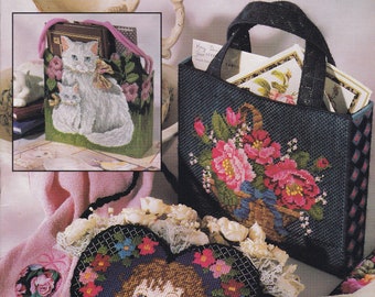Precious Gift Bags Plastic Canvas Patterns, Cat Bag, Heart Bag, Floral Tote Bag, Victorian Girl, Kittens In Wagon, Kitten In A basket