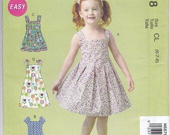 McCalls 6878, Girls Easy to Sew Summer Dress, Pleated Dress with Cap Sleeves, or Shoulder Ties, Hem Band Option, Sizes 6, 7, 8, Uncut