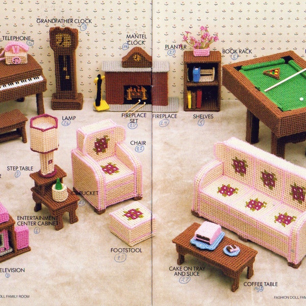 Plastic Canvas Fashion Doll Family Room Furniture, Annie's Attic 87D26, Couch Chair, Pool table, Piano, Lamps, Record Player, Coffee Table